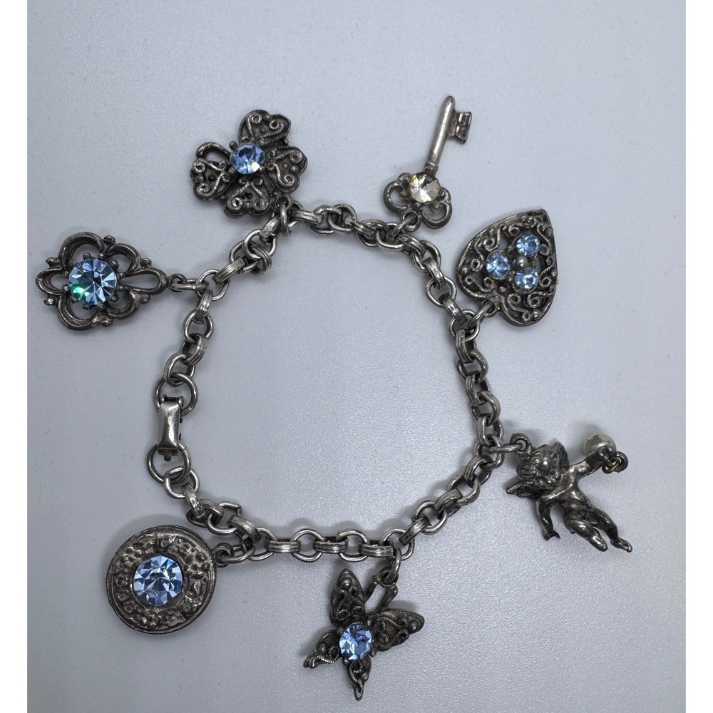 Coro Vintage Charm Bracelet Blue Crystal Cherub Heart Butterfly Key *READ